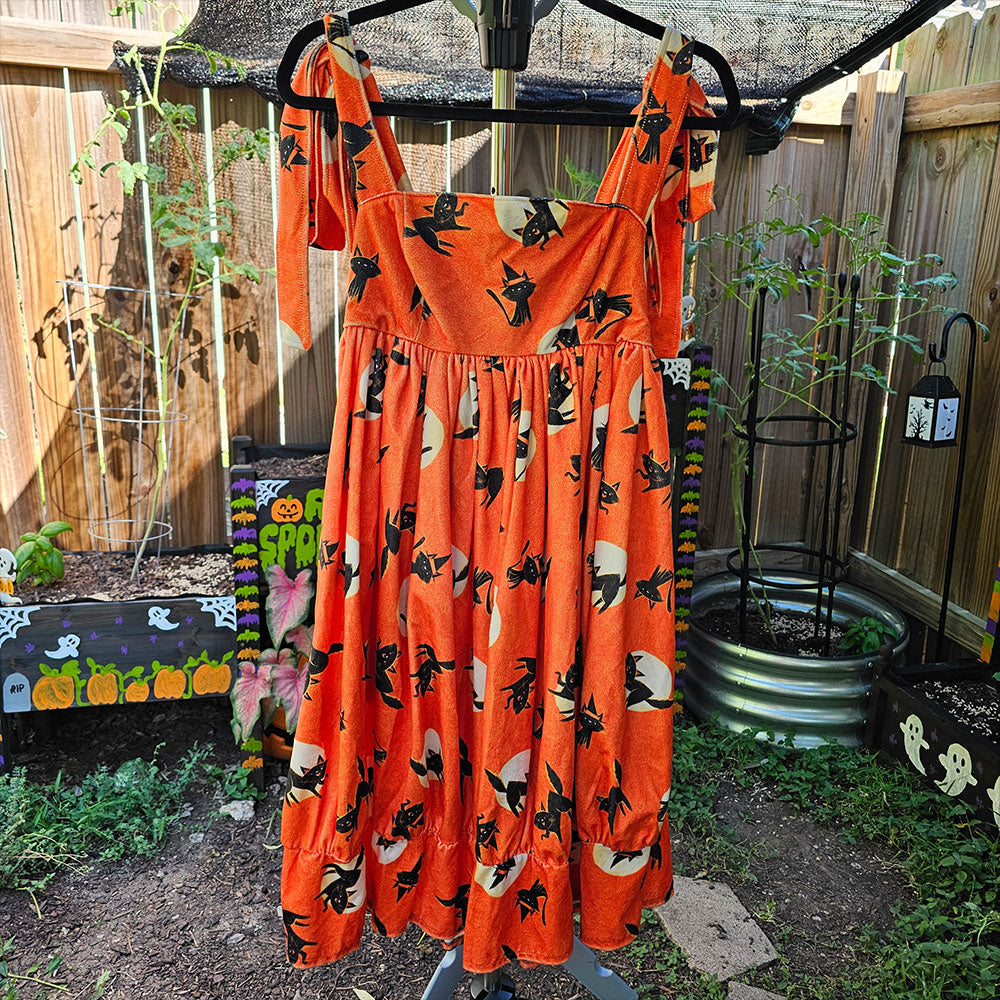 Black Witch Cat Orange 1 of 1 Tie Strap Flare Dress *Sample* (S/M) – Sparkling Punk