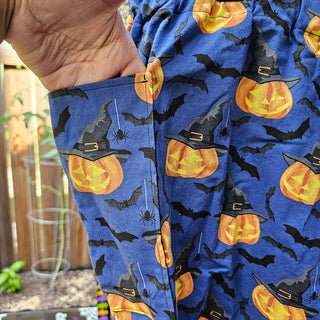 Blue Jack-o-lantern Witches with Bats Shorts (49"-51" Waist)