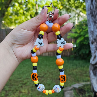 Candy Corn Color Ghost Jack-o-lanterns Beaded Wristlet Keychain