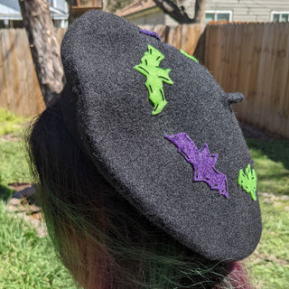 Green and Dark Purple Bats Beret