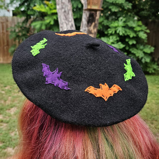 Orange, Green, and Dark Purple Bats Beret