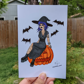 Spooky Bat Witch at the Pumpkin Patch Art Print