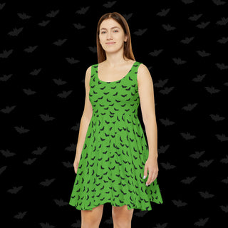 Black Bats on Green Skater Dress (XS, S, M, L, XL, and 2XL)