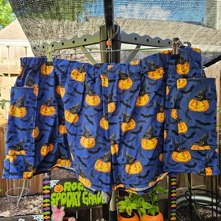 Blue Jack-o-lantern Witches with Bats Shorts (49"-51" Waist)