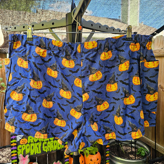Blue Jack-o-lantern Witches with Bats Shorts (49"-51" Waist)