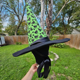 Green Black Cat Adjustable Wire Brim Witch Hat