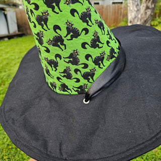 Green Black Cat Adjustable Wire Brim Witch Hat