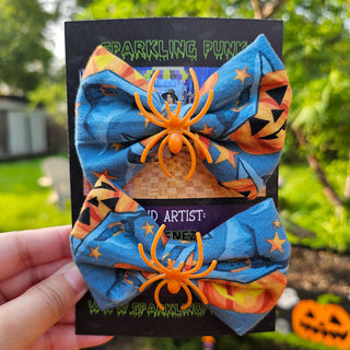 Light Blue Jack-o-lantern Witches with Spiders Hair Bow Clips - 2 Pack
