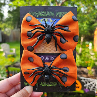 Orange and Black Polka-dots with Spiders Hair Bow Clips - 2 Pack