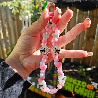 Pink Ghostly Spider Love Beaded Wristlet Keychain