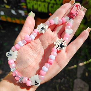 Pink Ghostly Spider Love Beaded Wristlet Keychain