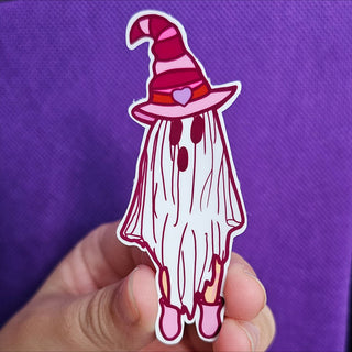 Pink Valloween Ghost Witch Sticker