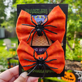 Tie Die Orange with Spiders Hair Bow Clips - 2 Pack