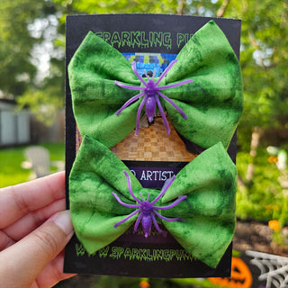 Tie Dye Green with Purple Spiders Hair Bow Clips - 2 Pack