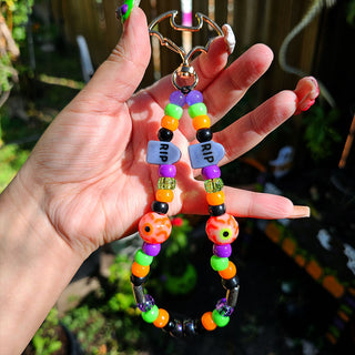 Tombstone Eyeballs Halloween Colors Beaded Wristlet Keychain